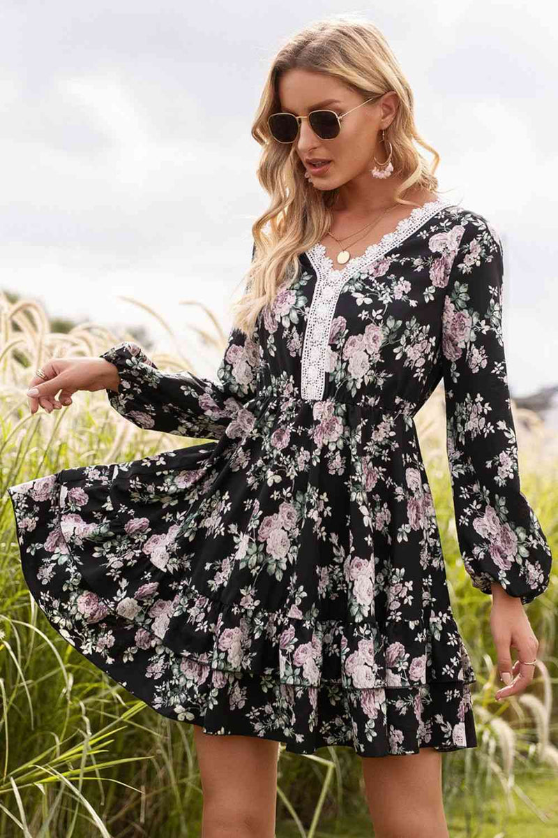 Floral Lace Trim Long Sleeve Dress Trendsi