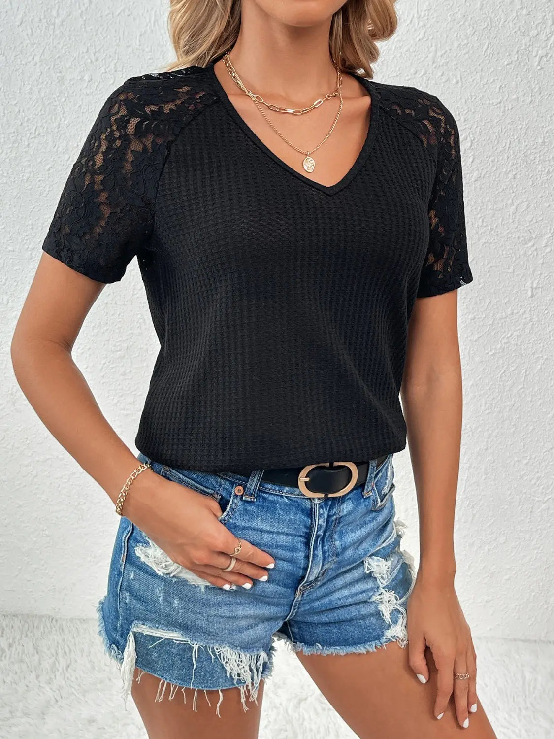 Lace Detail V-Neck Short Sleeve T-Shirt Trendsi