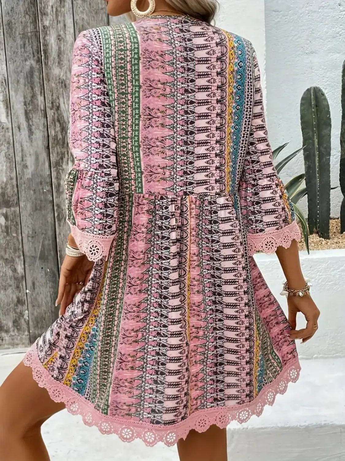Lace Trim Printed V-Neck 3/4 Sleeve Dress Trendsi
