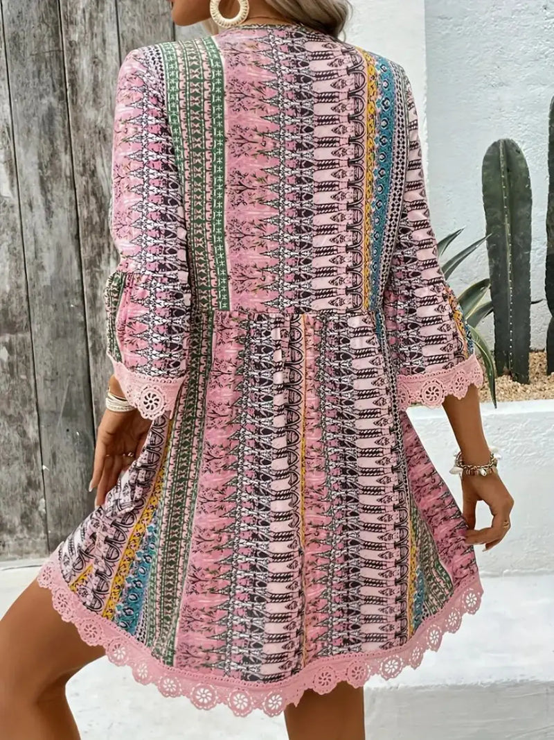 Lace Trim Printed V-Neck 3/4 Sleeve Dress Trendsi