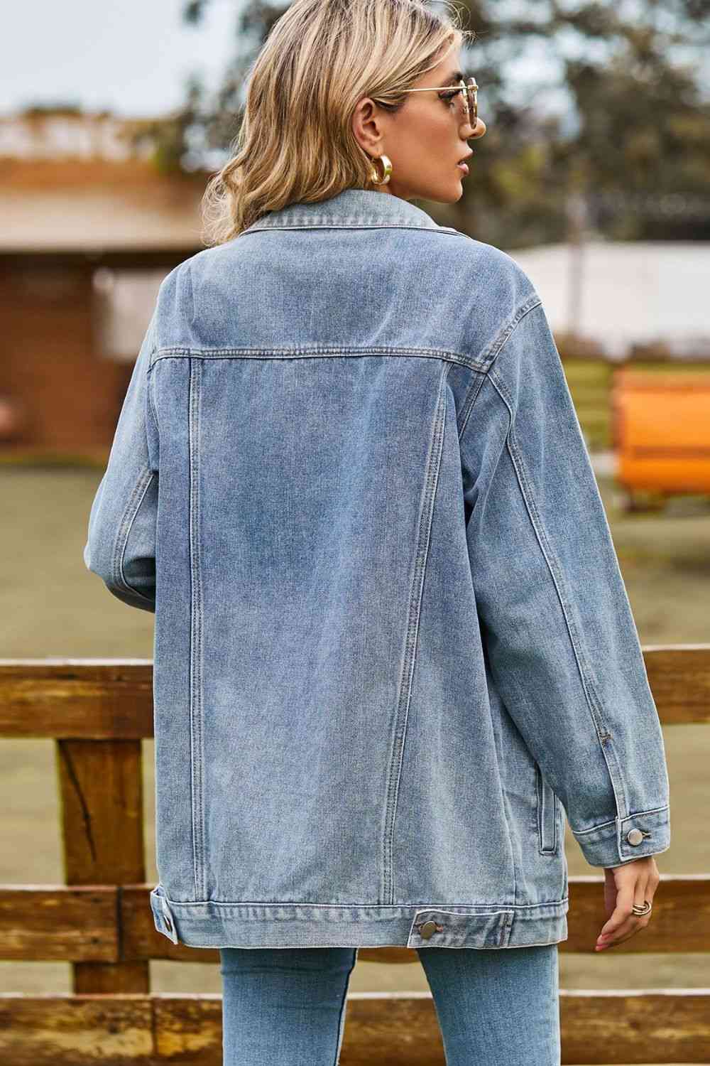 Buttoned Collared Neck Denim Jacket with Pockets Trendsi