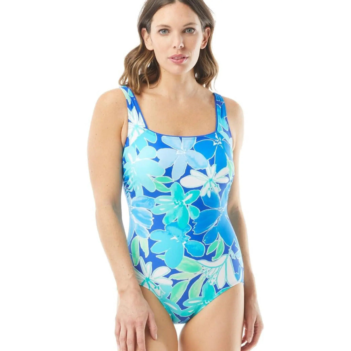 RoXanne Women's Flower Parade Bra Sized Square Neck Chlorine Resistant One Piece Swimsuit (D/DD Cup) Sapphire Beam Sunsets