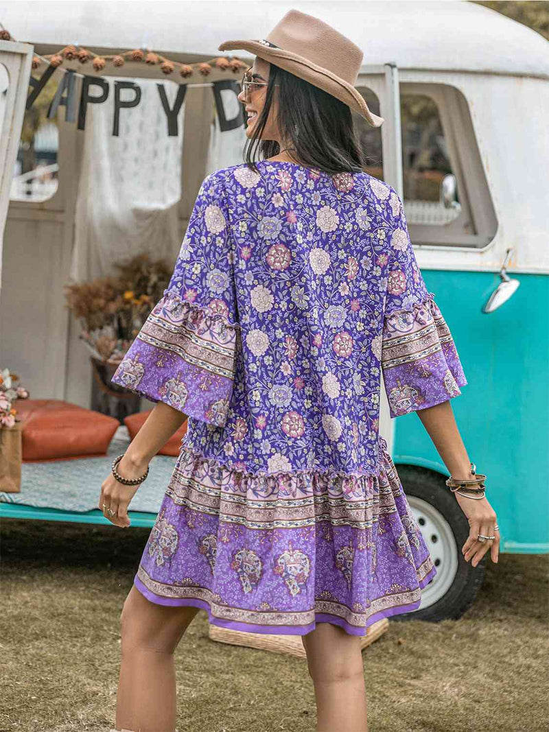 Floral Tie Neck Mini Dress Trendsi