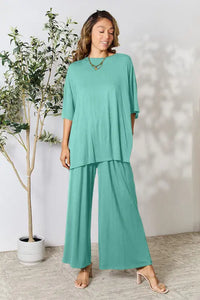 Double Take Full Size Round Neck Slit Top and Pants Trendsi
