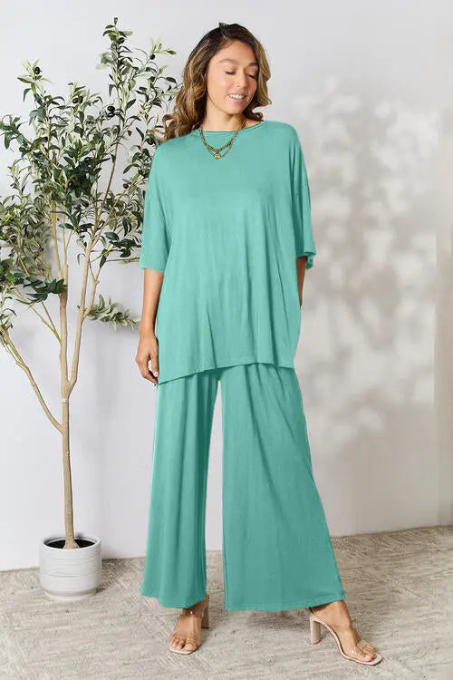 Double Take Full Size Round Neck Slit Top and Pants Trendsi