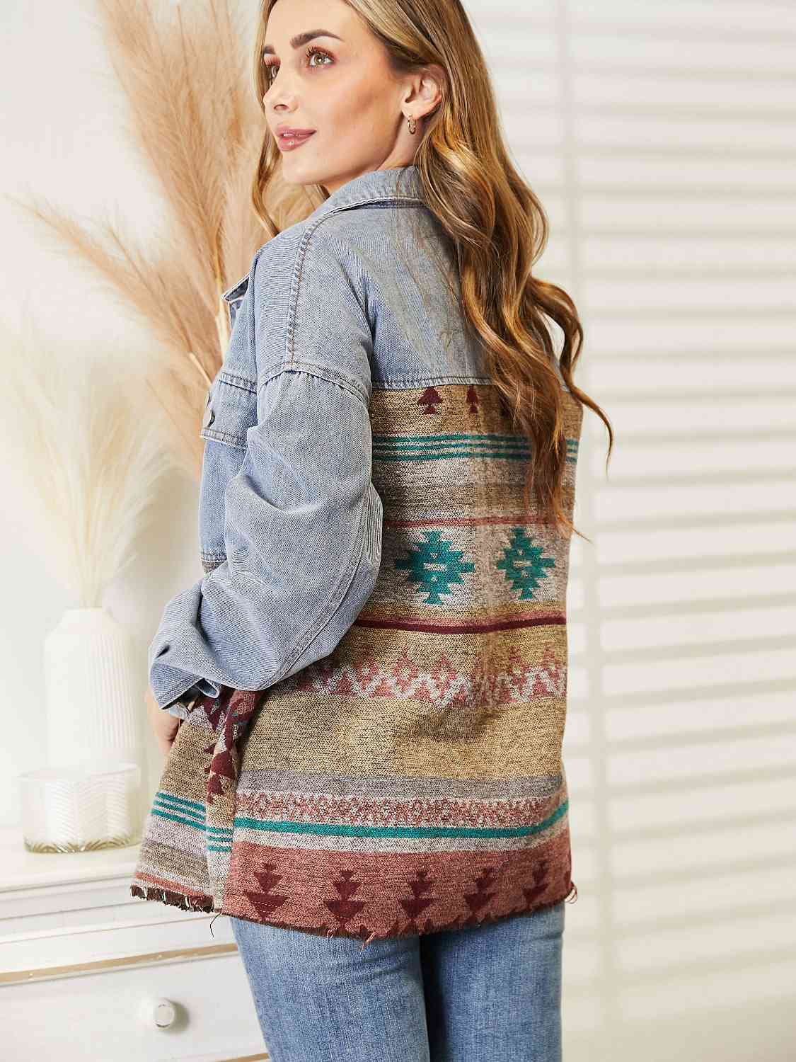 Collared Neck Dropped Shoulder Denim Jacket Trendsi