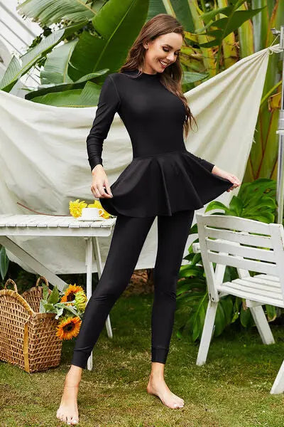 Mock Neck Long Sleeve One-Piece Swimwear Trendsi