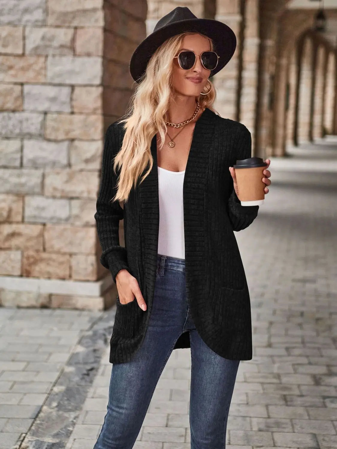 Open Front Cardigan with Pockets Trendsi