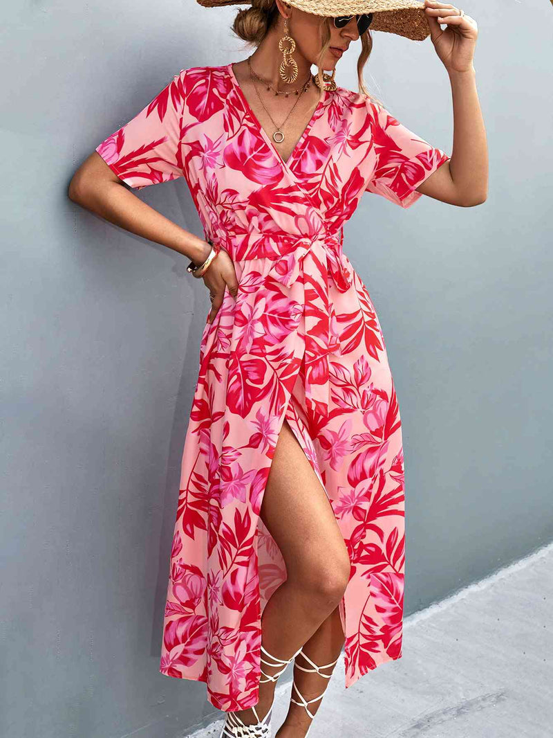 Floral Print High Slit Surplice Neck Tie Waist Midi Dress Trendsi