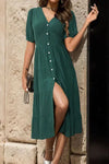 V-Neck Button Up Balloon Sleeve Midi Dress Trendsi