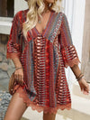 Lace Trim Printed V-Neck 3/4 Sleeve Dress Trendsi