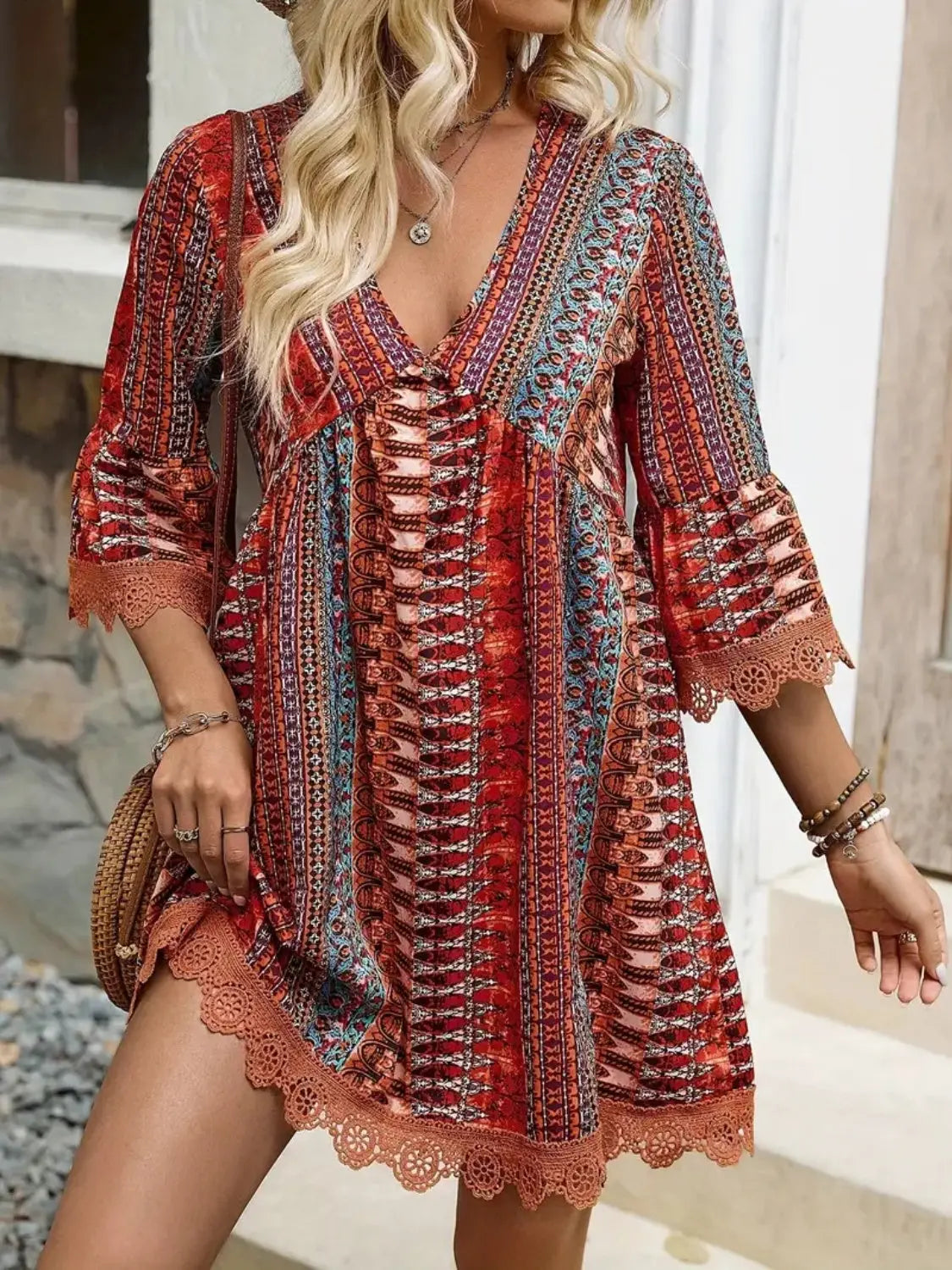 Lace Trim Printed V-Neck 3/4 Sleeve Dress Trendsi