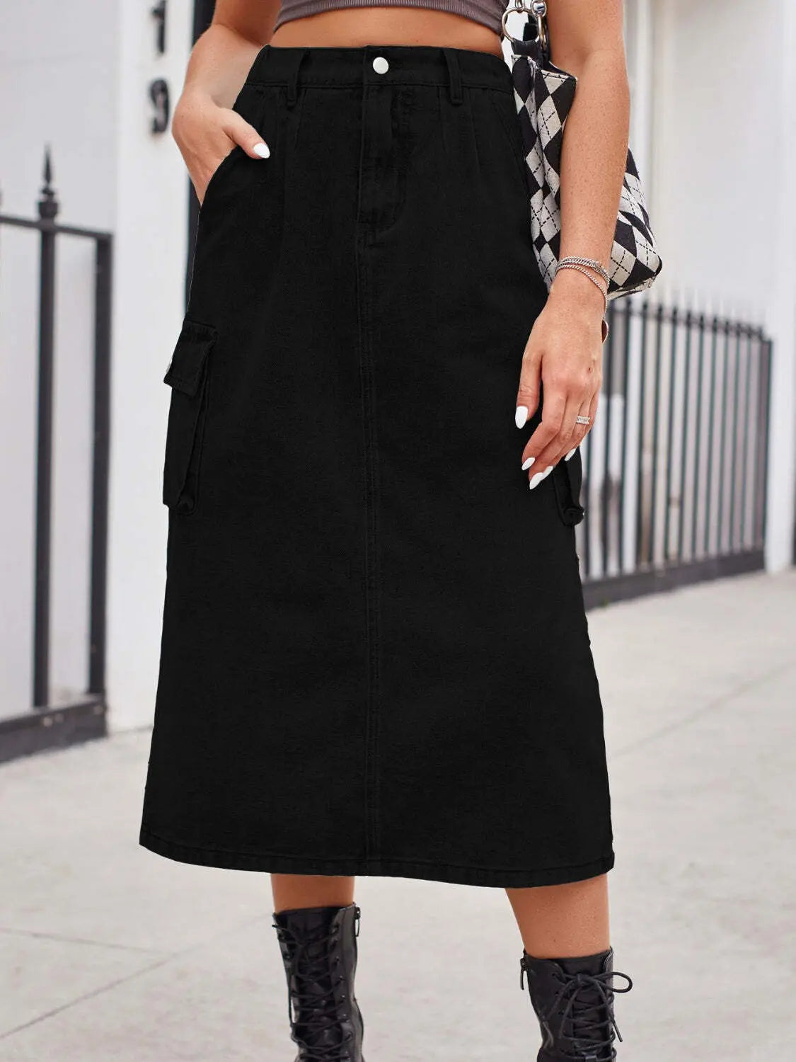 Slit Buttoned Denim Skirt with Pockets Trendsi