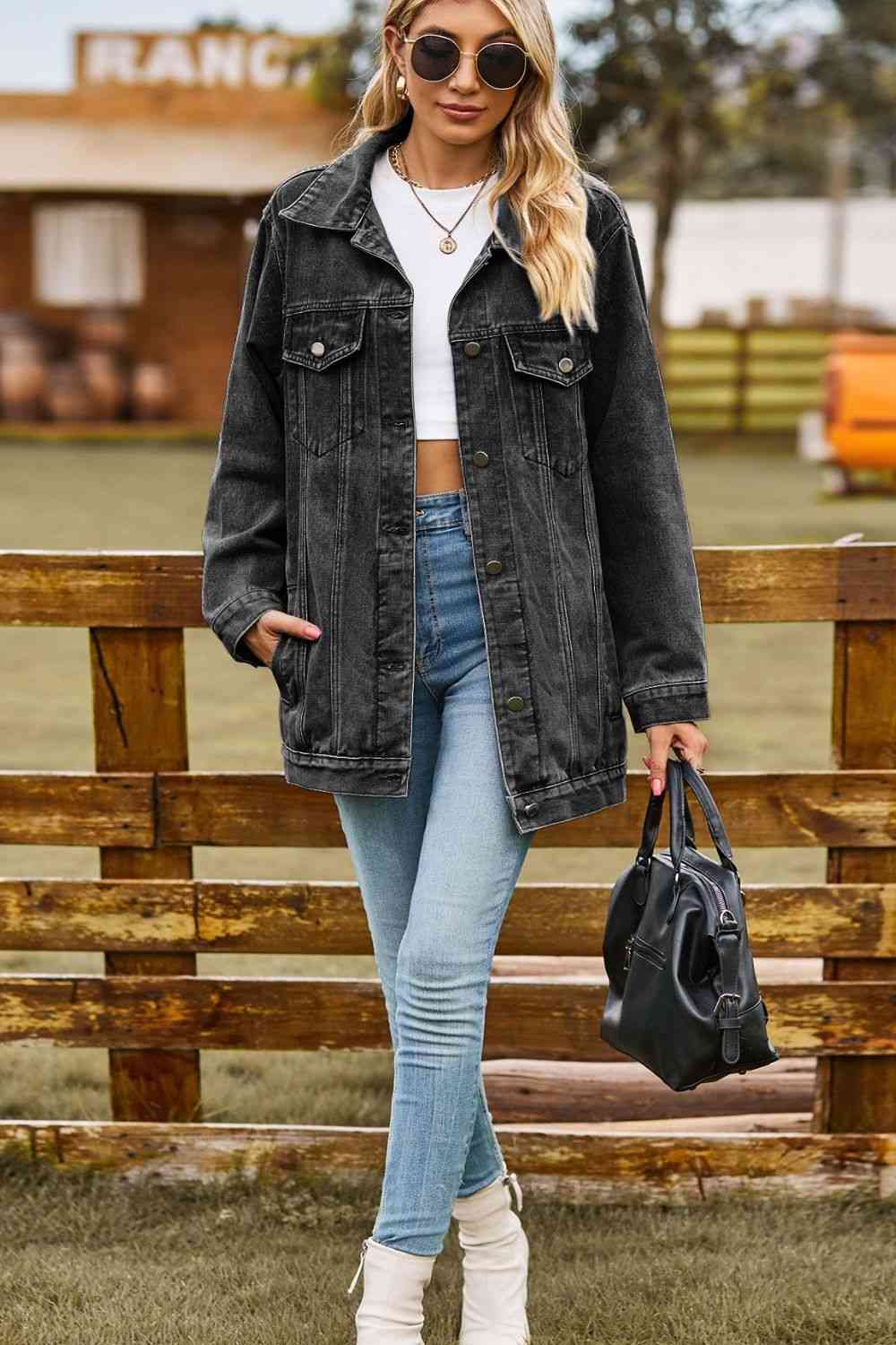 Buttoned Collared Neck Denim Jacket with Pockets Trendsi