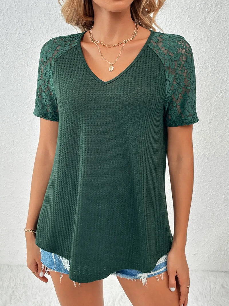 Lace Detail V-Neck Short Sleeve T-Shirt Trendsi