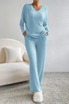Ribbed V-Neck Top and Pants Set Trendsi