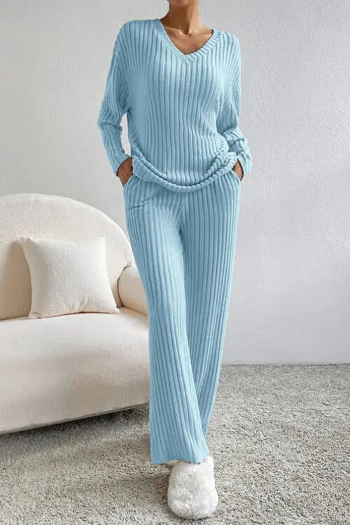 Ribbed V-Neck Top and Pants Set Trendsi