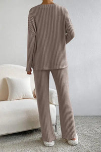 Ribbed V-Neck Top and Pants Set Trendsi