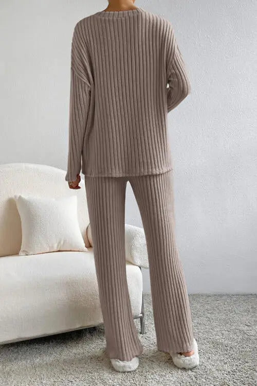 Ribbed V-Neck Top and Pants Set Trendsi