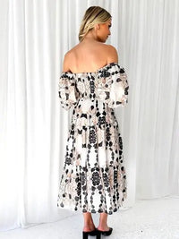 Printed Smocked Off-Shoulder Tiered Dress Trendsi