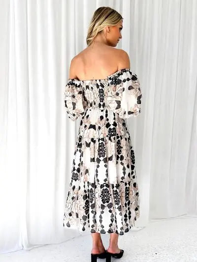 Printed Smocked Off-Shoulder Tiered Dress Trendsi