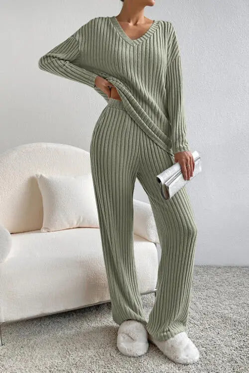 Ribbed V-Neck Top and Pants Set Trendsi