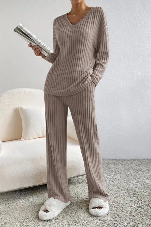 Ribbed V-Neck Top and Pants Set Trendsi