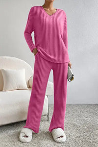 Ribbed V-Neck Top and Pants Set Trendsi