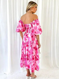 Printed Smocked Off-Shoulder Tiered Dress Trendsi