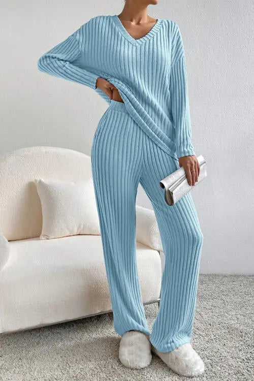 Ribbed V-Neck Top and Pants Set Trendsi