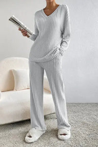 Ribbed V-Neck Top and Pants Set Trendsi