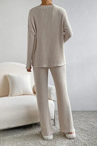 Ribbed V-Neck Top and Pants Set Trendsi