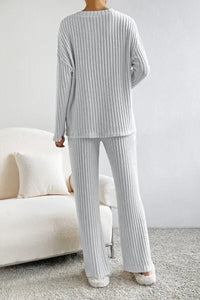 Ribbed V-Neck Top and Pants Set Trendsi