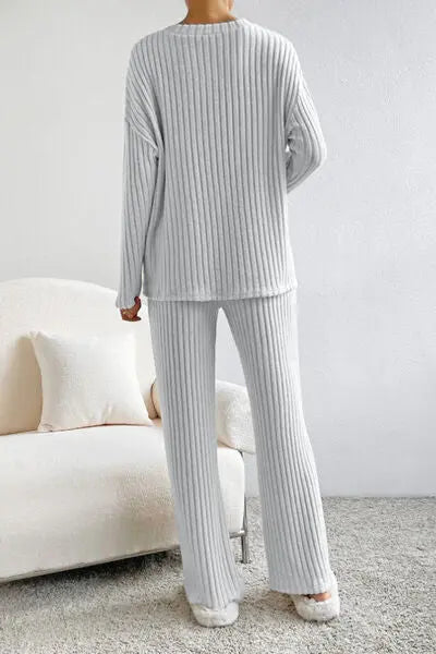 Ribbed V-Neck Top and Pants Set Trendsi