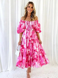 Printed Smocked Off-Shoulder Tiered Dress Trendsi