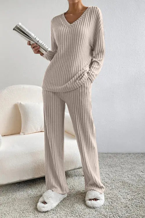 Ribbed V-Neck Top and Pants Set Trendsi