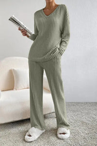 Ribbed V-Neck Top and Pants Set Trendsi