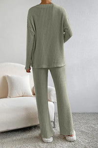 Ribbed V-Neck Top and Pants Set Trendsi