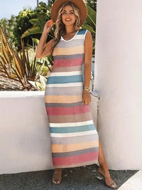 Slit Striped Round Neck Sleeveless Dress Trendsi