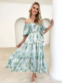 Printed Smocked Off-Shoulder Tiered Dress Trendsi