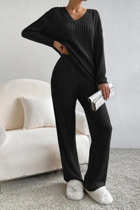Ribbed V-Neck Top and Pants Set Trendsi