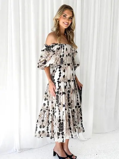 Printed Smocked Off-Shoulder Tiered Dress Trendsi