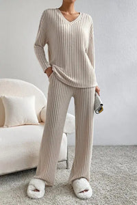 Ribbed V-Neck Top and Pants Set Trendsi