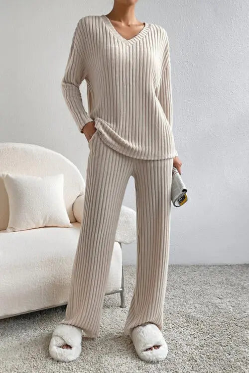 Ribbed V-Neck Top and Pants Set Trendsi