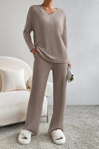 Ribbed V-Neck Top and Pants Set Trendsi
