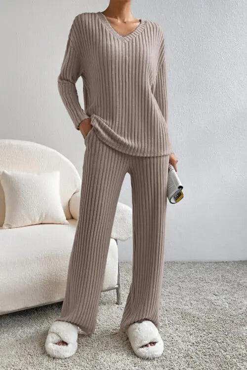 Ribbed V-Neck Top and Pants Set Trendsi