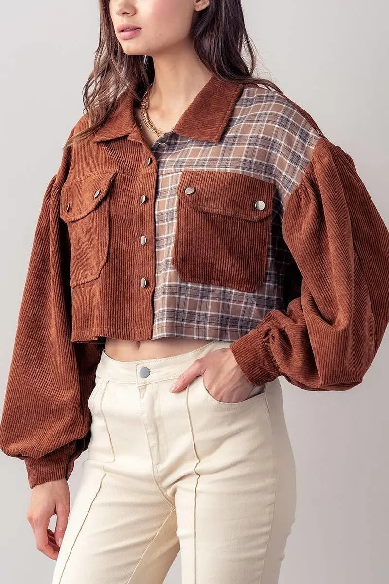 Urban Daizy - TWO TONE CORDUROY PLAID DROP SHOULDER CROP JACKET Makuwa Swim Wear