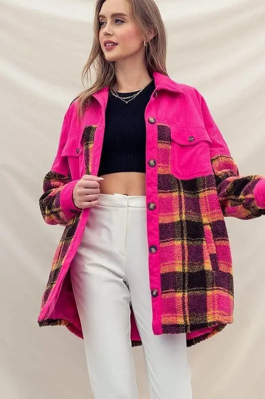 Urban Daizy - OVERSIZED CORDUROY AND PLAID PATTERN FLEECE JACKET Makuwa Swim Wear