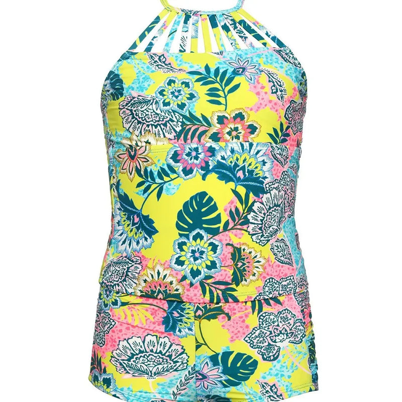 Hobie Kids' Strappy High Neck Tankini Top & Shirred Boyshort Bottom Swimsuit Hobie Girls