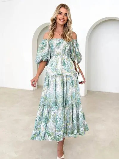 Printed Smocked Off-Shoulder Tiered Dress Trendsi